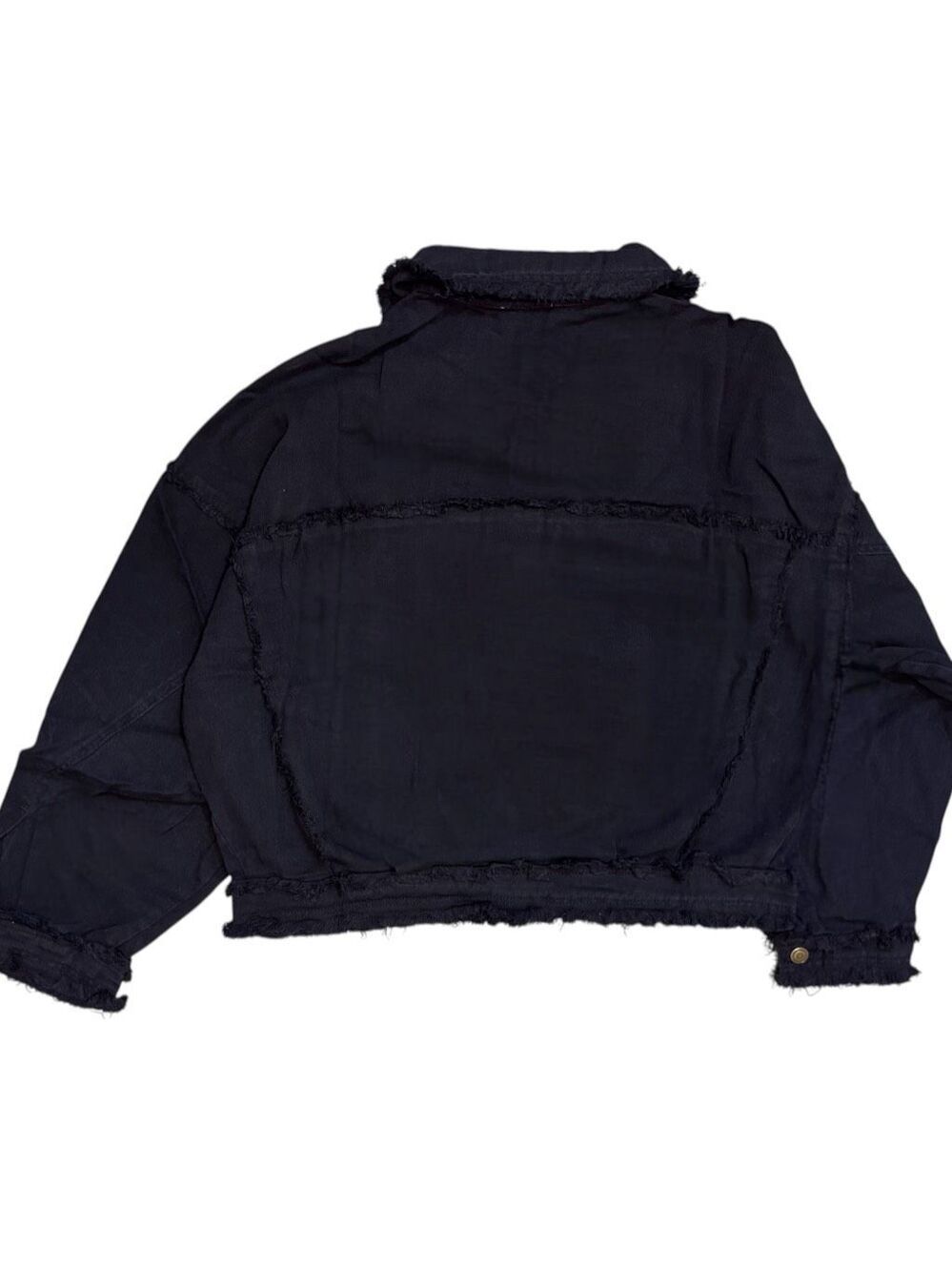 Black Oversized Raw Hem Denim Shacket Jacket Frayed Trucker Button Up HYFVE L - Picture 13 of 15